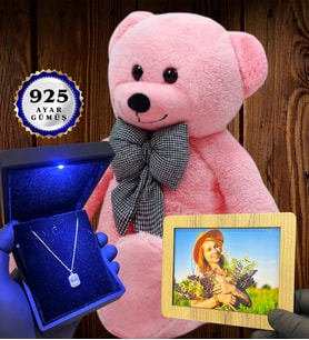 Kişiye Özel Premium Set Büyük Boy Pembe Peluş Ayıcık ve Gerçek 925 Ayar Gümüş Kolye (Model 6)
