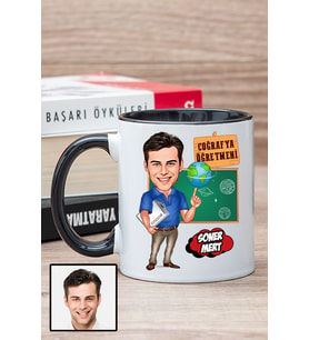 Erkek Coğrafya Öğretmenine Hediye Karikatürlü Siyah Kupa Bardak