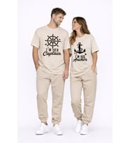 Sevgili Kombini Oversize Çift Tişört Unisex Captain Anchor Baskılı Matching Couple Partner 2'li Set (Bej)