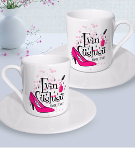 BK Gift Kişiye Özel Anneler Günü Temalı Evin Süslüsü Tasarımlı İkili Türk Kahvesi Fincanı Seti-1 (Beyaz)