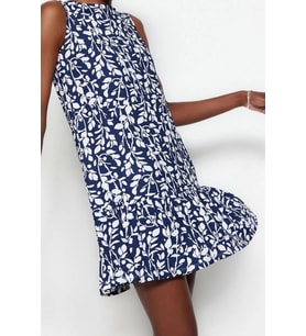 Moda Stil Regular Bisiklet Yaka Mini Boy Çiçek Baskılı Sıfır Kol Volanlı Shift Düz Esnek Örme Elbise (İndigo)