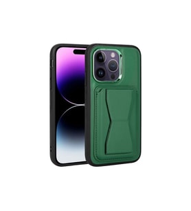 Apple iPhone 14 Pro Max Uyumlu Kılıf Kartlıklı Standlı Pu Deri Zore Memo Kapak (Koyu Yeşil)
