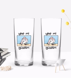 Bk Gift Renkli Baskılı Yine Mi Güzelim Tasarımlı İkili Rakı Bardağı Seti-1