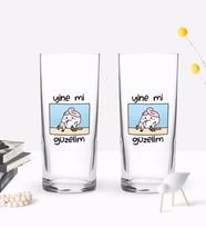 Bk Gift Renkli Baskılı Yine Mi Güzelim Tasarımlı İkili Rakı Bardağı Seti-1