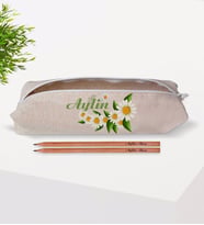 BK Gift Kişiye Özel İsimli Papatya Temalı Keten Bez Kalemlik ve İsimli Ahşap Kurşun Kalem Hediye Seti-8