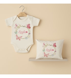 Pia Baby Premium %100 Pamuk İsme Özel Organik Baskılı Çıtçıtlı Bebek Body Ve Yastık Kılıfı 5070-19 (Ekru)
