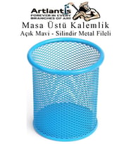 Açık Mavi Silindir Masa Üstü Kalemlik 1 Adet Metal Fileli Renkli Perforeli Yuvarlak Kalemlik Ofis Büro Okul
