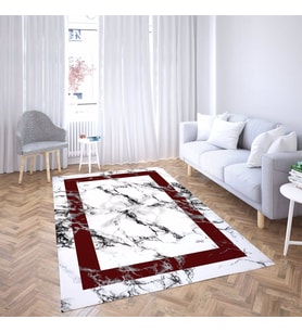 Mermer Desenli Bordo Çerçeveli Dijital Baskı Yıkanabilir Kaymaz Taban Modern Salon Halı ve Yolluk (Krem)
