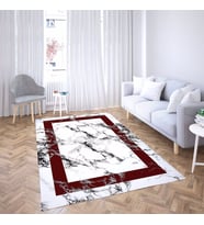 Mermer Desenli Bordo Çerçeveli Dijital Baskı Yıkanabilir Kaymaz Taban Modern Salon Halı ve Yolluk (Krem)
