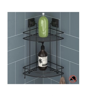Banyo Köşe Rafı Kendinden Yapışkanlı 2 Katlı Kancalı Easyfix Siyah