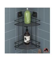 Banyo Köşe Rafı Kendinden Yapışkanlı 2 Katlı Kancalı Easyfix Siyah