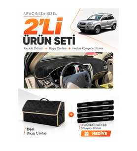 HYUNDAİ TUCSON 1 (2004-2009) Uyumlu Torpido Örtüsü + Deri Bagaj Çantası + Sticker Seti - Siyah Bej