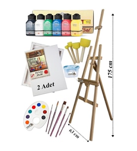 Akrilik Boya Resim Seti Artdeco 6 Ana Renk 75 ml Akrilik Boya Şövalye 2 Tuval 35x50 Fırça Spatula Şövale