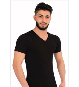 Erkek Likralı V Yaka Yarım Kol Atlet 6'lı Paket (Siyah)