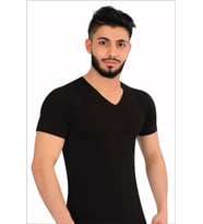 Erkek Likralı V Yaka Yarım Kol Atlet 6'lı Paket (Siyah)