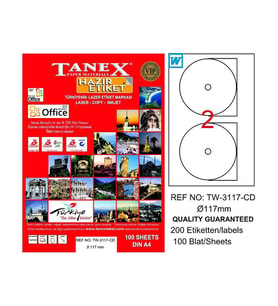 TANEX 3117 LASER CD ETİKETİ 117mm 2x100 200 ADET