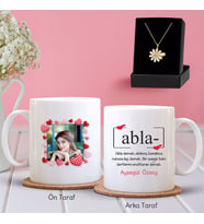 BK Gift Kişiye Özel Fotoğraflı Abla Tasarımlı Kupa ve Papatya Kolye Hediye Seti-1 (Model 1)