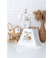 Pia Baby Premium  %100 Pamuk İsme Özel Erkek Bebek Hastane Çıkışı Tulumlu Bebek Hediye Seti 5041-05 (Ekru)