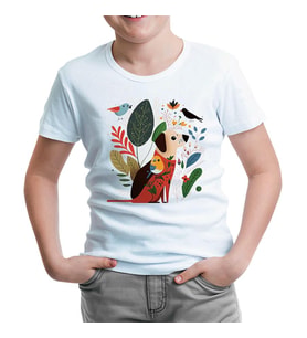 A Dog and Birds with Spring Background Beyaz Çocuk Tshirt