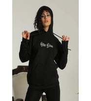 Kadın Oversize Kapüşonlu Cepli Baskılı 3 İplik Pamuklu Hoodie Sweatshirt - Siyah