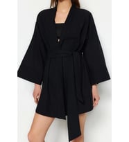 Moda Dokuma Rahat Kalıp Uzun Şal Yaka Standart Kol Flamlı Pamuk Basic Düz Desen Kimono Kaftan
