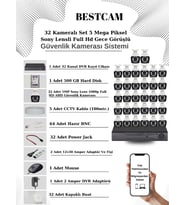 BESTCAM 32 Kameralı Set 5 Mega Piksel Sony Lensli FULL HD Gece Görüşlü Güvenlik Kamera Seti 500 GB Hard disk