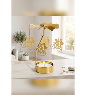 Dönen Mumluk Bisikletli Çift Figürlü Altın Metal Tealight Mum Tutucu Sevgiliye Hediye 15 cm