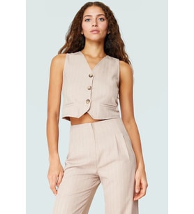 Yazlık Çizgili Crop Bluz V Yaka Polyester Dokuma Seçkin Malzeme Uzun Ömürlü (Bej)