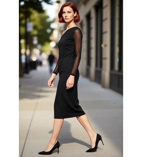 Moda Stil Slim Asimetrik Yaka Midi Boy Desenli Astarlı Vücuda Oturan Esnek Örme Kalem Elbise