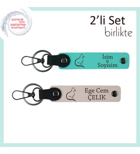 Evdeki Mırıl Mırıl Enerjiye, Kedi Figürlü, Kişisel Yazılı 2’li Anahtarlık, Turkuaz-Pudra