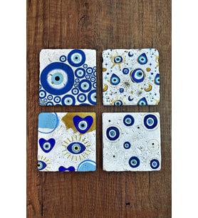 Doğal Taş Bardak Altlığı Nazar Boncuğu Baskılı 4'lü Set - Evil Eye Stone Coasters