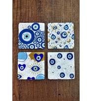 Doğal Taş Bardak Altlığı Nazar Boncuğu Baskılı 4'lü Set - Evil Eye Stone Coasters