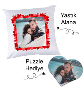 Biresimden Sevgililer Günü Temalı Fotoğraflı Yastık - Kalp Puzzle Hediyeli