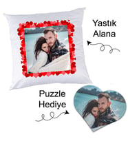 Biresimden Sevgililer Günü Temalı Fotoğraflı Yastık - Kalp Puzzle Hediyeli