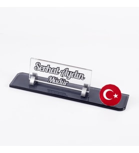 Türk Bayrağı Logolu Gümüş Maydos Masa İsimliği Kristal Ofis Masaüstü Kabartma İsimlik
