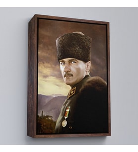 Çerçeveli Kalpaklı Mustafa Kemal Atatürk Duvar Tablosu (Kahverengi)