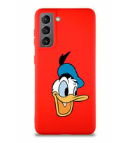 Samsung Galaxy S21 Soft Premier Kapak Donald Duck-A Tasarımlı Silikon Kılıf - Kırmızı (Şeffaf)
