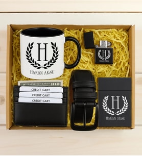 BK Gift Kişiye Özel İsimli Siyah Kupa & Kartlık Cüzdan & Kemer & Sigara Kutusu & Çakmak Hediye Seti-1  Babalar Günü Hediyesi, Erkeklere Özel Hediye