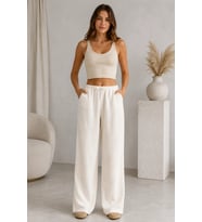 Kadın Bağcıklı Beli Lastikli Müslin Geniş Paça Pantolon - Krem