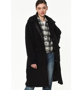 Dewberry Kadın %100 Polyester Peluş Kaban Siyah Z6667 Günlük Dış Giyim, Katmanlı Kombin, Şehir ve Ofis Stili