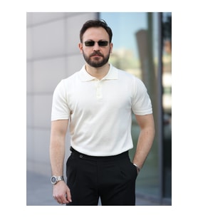 Basic Düğmeli Pamuklu Triko Tshirt (Ekru)