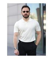 Basic Düğmeli Pamuklu Triko Tshirt (Ekru)