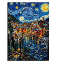 Van Gogh Yıldızlı Gece Kasaba Manzarası Dekoratif Kanvas - Mdf Ahşap Tablo