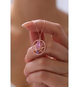 Gümüş Lotus Çiçeği Kolye  925 Ayar Gümüş Kolye (Pembe)