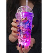 Unicorn Temalı Led Işıklı Suluk Buzlu Cam Görünümlü 450 ML Çift Katman Mika Su Şişesi 2646 Mor