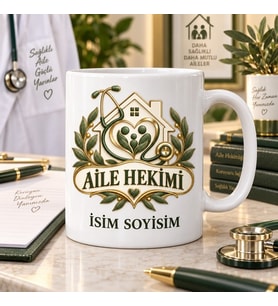Aile Hekimi Kupa Bardak Ev ve Stetoskop Desenli
