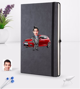 BK Gift Kişiye Özel Plakalı Erkek Seat Leon FR Karikatürlü Siyah Termo Deri Defter 16x24cm Model 2