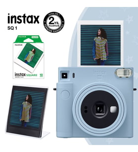 Instax SQ1 Buz Mavi Fotoğraf Makinesi 10lu Kare Film ve Pleksi Çerçeve