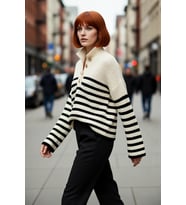 Kadın Oversize Dik Yaka Çizgili Triko Kazak Düşük Kollu Crop Kesim Günlük Şık Kış Stili Kaliteli