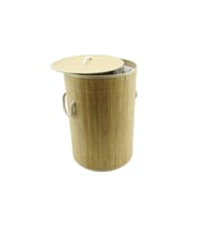 YUVARLAK BAMBU AHŞAP KİRLİ ÇAMAŞIR SEPETİ 35X60CM SEYYAR KAPAKLI İÇİ BEZLİ İP KULPLU (5343)